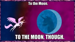 Size: 1365x768 | Tagged: safe, derpibooru import, edit, edited screencap, screencap, princess celestia, princess luna, alicorn, pony, friendship is magic, crescent moon, image macro, jontron, meme, moon, pink-mane celestia, storybook, text edit, the zoo race, to the moon