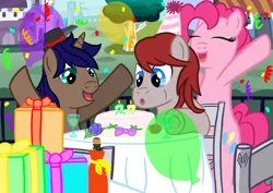 Size: 3000x2125 | Tagged: safe, artist:denotionsoul, derpibooru import, pinkie pie, oc, balloon, birthday, birthday cake, blowing, bottle, cake, candle, canterlot, confetti, eyes closed, happy, hat, open mouth, party, party hat, present, smiling, streamers, wine glass