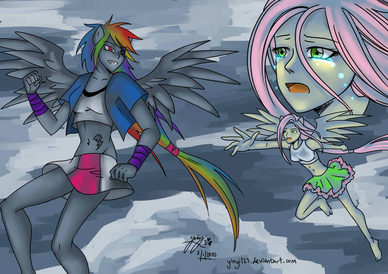 Size: 4092x2893 | Tagged: safe, artist:zakurarain, derpibooru import, fluttershy, rainbow dash, equestria girls, the return of harmony, belly button, clothes, crying, discorded, equestria girls interpretation, legs, midriff, miniskirt, ponied up, scene interpretation, skirt, wings