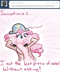 Size: 500x600 | Tagged: artist:alipes, ask, ask pinkie pierate, bicorne, clothes, derpibooru import, hat, pinkie pie, pirate, safe, solo, tumblr