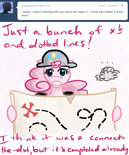 Size: 500x600 | Tagged: artist:alipes, ask, ask pinkie pierate, bicorne, clothes, derpibooru import, hat, map, pinkie pie, pirate, safe, sir lintsalot, tumblr