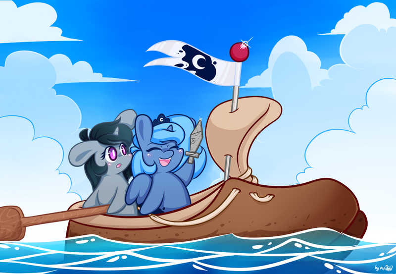 Size: 1330x920 | Tagged: safe, artist:dsp2003, derpibooru import, princess luna, oc, oc:coldfront, pony, unicorn, :o, blushing, boat, characters inside shoes, chibi, cute, eyes closed, female, filly, happy, lunabetes, oar, ocean, open mouth, s1 luna, shoes, smiling, style emulation, sword, woona