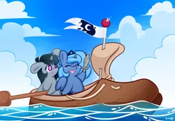 Size: 1330x920 | Tagged: safe, artist:dsp2003, derpibooru import, princess luna, oc, oc:coldfront, pony, unicorn, :o, blushing, boat, characters inside shoes, chibi, cute, eyes closed, female, filly, happy, lunabetes, oar, ocean, open mouth, s1 luna, shoes, smiling, style emulation, sword, woona