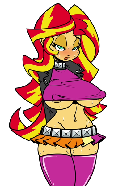 Size: 707x1000 | Tagged: dead source, questionable, artist:reiduran, derpibooru import, sunset shimmer, equestria girls, areola, areola slip, bedroom eyes, belly button, belt, bimbo, blushing, breasts, busty sunset shimmer, clothes, collar, curvy, erect nipples, eyebrows, eyelashes, female, jacket, long hair, microskirt, midriff, miniskirt, multicolored hair, nipple outline, nipples, nudity, open mouth, short shirt, short skirt, skirt, slutset shimmer, solo, solo female, sweat, sweating profusely, underboob, zettai ryouiki