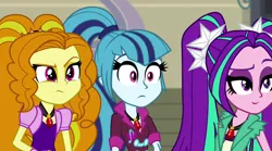 Size: 1280x712 | Tagged: safe, derpibooru import, screencap, adagio dazzle, aria blaze, sonata dusk, equestria girls, rainbow rocks, adoragio, animation error, ariabetes, cute, female, inverted mouth, sonatabetes, the dazzlings, trio, trio female, varying degrees of want