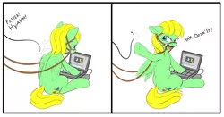 Size: 1515x796 | Tagged: safe, artist:zippysqrl, derpibooru import, oc, oc:viva reverie, unofficial characters only, bit, bridle, comic, computer, dialogue, laptop computer, offscreen character, reins, sequence, sitting, solo, speech, spread wings, underhoof, whip, whipping