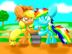 Size: 2272x1704 | Tagged: safe, artist:lovehtf421, derpibooru import, applejack, rainbow dash, pony, the ticket master, bipedal, gritted teeth, hoofwrestle, impossibly large ears, scene interpretation