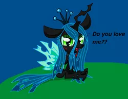 Size: 2072x1604 | Tagged: safe, artist:lovehtf421, derpibooru import, queen chrysalis, blushing, fangs, forked tongue, impossibly large ears, looking at you, question, sitting, smirk, solo, talking to viewer, tongue out