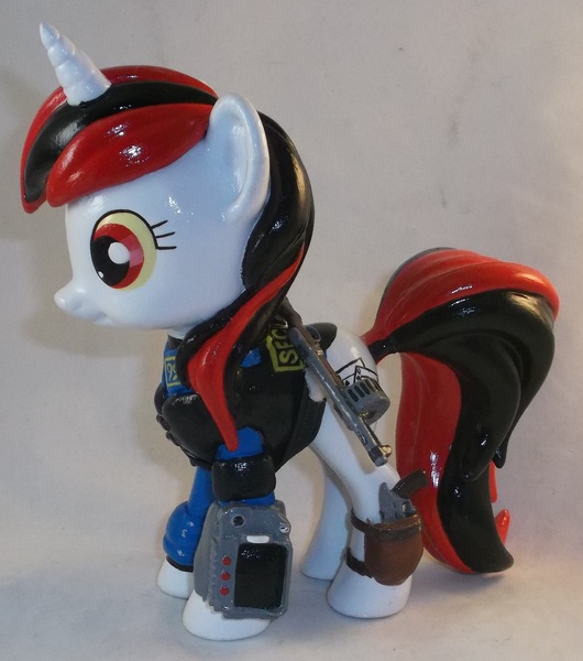 Size: 2065x2337 | Tagged: safe, artist:gryphyn-bloodheart, derpibooru import, oc, oc:blackjack, unofficial characters only, pony, unicorn, fallout equestria, fallout equestria: project horizons, 3d print, commission, custom, funko, gun, irl, photo, pipbuck, pistol, shotgun, toy, weapon