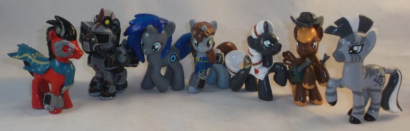 Size: 4201x1345 | Tagged: safe, artist:gryphyn-bloodheart, derpibooru import, oc, oc:calamity, oc:homage, oc:littlepip, oc:red eye, oc:steelhooves, oc:velvet remedy, oc:xenith, unofficial characters only, cyborg, earth pony, pegasus, pony, unicorn, zebra, fallout equestria, fanfic, 3d print, applejack's rangers, armor, battle saddle, blind bag, clothes, colored hooves, custom, dashite, fanfic art, female, gun, hat, hooves, horn, irl, machine gun, male, mare, medical saddlebag, photo, pipbuck, power armor, rifle, rocket launcher, saddle bag, shotgun, spread wings, stallion, steel ranger, toy, vault suit, weapon, wings