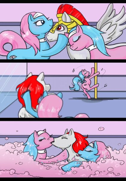 Size: 894x1280 | Tagged: artist needed, suggestive, derpibooru import, aloe, lotus blossom, oc, earth pony, pony, bath, bubble, butt, canon x oc, comic, eyes closed, female, helmet, implied sex, implied threesome, kissing, licking, male, plot, pole, pole dancing, royal guard, spa, spa twins, straight, tongue out