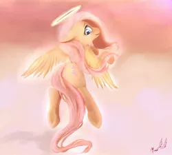 Size: 2000x1800 | Tagged: angel, artist:miokomata, derpibooru import, fangs, fluttershy, flying, halo, looking back, majestic, rear view, safe, solo, underhoof