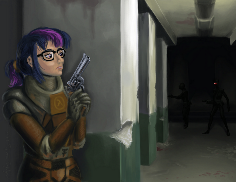 Size: 900x695 | Tagged: artist:adeptus-monitus, assassin, black ops, black ops assassin, colt python, crossover, derpibooru import, glasses, gun, half-life, hev suit, human, humanized, no trigger discipline, revolver, safe, sci-twi, twilight sparkle, weapon