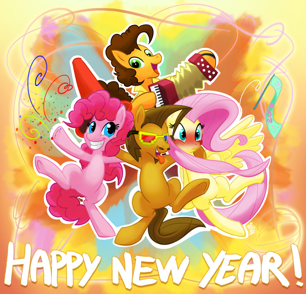 Size: 1122x1080 | Tagged: artist:fidzfox, cheese sandwich, derpibooru import, fluttershy, happy new year, oc, pinkie pie, safe