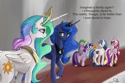 Size: 3000x2000 | Tagged: safe, artist:silfoe, derpibooru import, princess cadance, princess celestia, princess luna, shining armor, spike, twilight sparkle, twilight sparkle (alicorn), alicorn, dragon, pony, unicorn, royal sketchbook, alicorn tetrarchy, baby, baby dragon, brother and sister, canterlot, crown, cute, cutedance, cutelestia, dialogue, female, happy, heartwarming, jewelry, levitation, looking at each other, lunabetes, magic, male, mare, necklace, ogres and oubliettes, one hoof raised, open mouth, regalia, royal family, shining adorable, siblings, signature, silfoe is trying to murder us, sisters, smiling, spikabetes, stallion, sweet dreams fuel, telekinesis, twiabetes, unshorn fetlocks, walking, wall of tags
