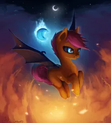 Size: 3379x3750 | Tagged: safe, artist:rain-gear, derpibooru import, scootaloo, bat pony, pony, bat ponified, black sclera, blank flank, blue eyes, female, filly, fire, flying, high res, race swap, scootabat, solo, student of the night