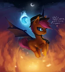 Size: 3379x3750 | Tagged: safe, artist:rain-gear, derpibooru import, scootaloo, bat pony, pony, bedroom eyes, black sclera, blank flank, blue eyes, euphoric, female, filly, fire, fluffy, flying, hat, m'lady, moon, necktie, night, race swap, scootabat, smiling, solo, spread wings, student of the night, trilby