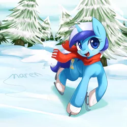 Size: 1200x1200 | Tagged: safe, artist:maren, derpibooru import, minuette, pony, unicorn, clothes, cute, ice skates, ice skating, looking at you, minubetes, open mouth, scarf, smiling, snow, solo, tree, winter