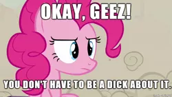 Size: 610x343 | Tagged: derpibooru import, image macro, meme, pinkie pie, reaction image, safe, screencap, vulgar