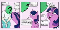 Size: 1276x643 | Tagged: safe, artist:trickydick, derpibooru import, twilight sparkle, twilight sparkle (alicorn), oc, oc:anon, alicorn, human, pony, adorkable, behaving like a dog, blushing, comic, cute, dialogue, dork, eye contact, female, gray background, happy, head tilt, hnnng, inner monologue, looking at each other, looking up, mare, open mouth, overanalyzing, parody, philosophy, simple background, sitting, slice of life, smiling, speech bubble, starry eyes, thought bubble, three panel soul, twiabetes, who's a good pony