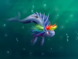 Size: 1400x1056 | Tagged: artist:akurion, artist:couchcrusader, collaboration, comic:children of everfree, derpibooru import, fish, hippocampus, merpony, race swap, rainbow dash, remora, safe, siren, solo, underwater