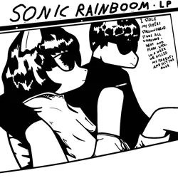 Size: 1215x1214 | Tagged: album, album cover, artist:bojangleee, black and white, derpibooru import, goo, grayscale, parody, ponified, ponified album cover, safe, sonic rainboom, sonic youth