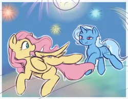 Size: 3300x2550 | Tagged: safe, artist:theparagon, derpibooru import, fluttershy, trixie, pony, unicorn, female, fireworks, lesbian, mare, shipping, trixieshy