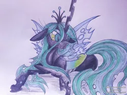 Size: 1024x768 | Tagged: artist:penkatshi, changeling, changeling queen, dead source, derpibooru import, female, queen chrysalis, safe, sketch, solo, traditional art, watercolor painting