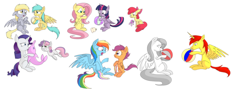 Size: 1024x394 | Tagged: safe, artist:violetandblaire, derpibooru import, apple bloom, derpy hooves, fluttershy, rainbow dash, rarity, scootaloo, sweetie belle, twilight sparkle, twilight sparkle (alicorn), oc, oc:albino fluttershy, oc:crimson azure, alicorn, dolphin, parasprite, pony, beach ball, blowing, crimshy, cute, cutealoo, dashabetes, diasweetes, female, floaty, implied shipping, inflatable, inflation, male, mare, puffy cheeks, raribetes, shyabetes, straight, twiabetes, water wings