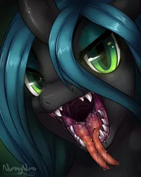 Size: 1440x1800 | Tagged: suggestive, artist:nummynumz, derpibooru import, queen chrysalis, changeling, drool, fangs, female, looking at you, maw, mawshot, solo, solo female, throat, tongue out