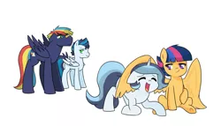 Size: 1024x585 | Tagged: safe, artist:kianamai, derpibooru import, oc, oc:dove (kianamai), oc:icy storm, oc:prism bolt, oc:starburst, unofficial characters only, kilalaverse, next generation, offspring, parent:flash sentry, parent:rainbow dash, parent:soarin', parent:trixie, parent:twilight sparkle, parent:unnamed oc, parents:canon x oc, parents:flashlight, parents:soarindash, simple background, story included, white background