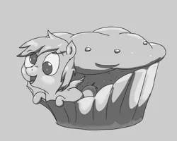 Size: 1000x800 | Tagged: safe, artist:yipsy, derpibooru import, derpy hooves, pegasus, pony, cute, female, mare, micro, monochrome, muffin, ponies in food