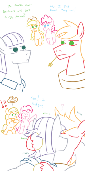 Size: 800x1600 | Tagged: safe, artist:jargon scott, derpibooru import, applejack, big macintosh, maud pie, pinkie pie, earth pony, pony, comic, exclamation point, eye contact, eyes closed, female, frown, gay, half r63 shipping, hug, interrobang, kissing, lidded eyes, looking at each other, macinmaud, male, mare, maulder berry, open mouth, possible incest, question mark, rule 63, shipping, shocked, smiling, stallion, surprised, wide eyes