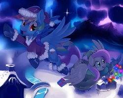 Size: 1000x798 | Tagged: artist:si1vr, derpibooru import, fluttershy, hat, rainbow dash, safe, santa hat, snow, winter