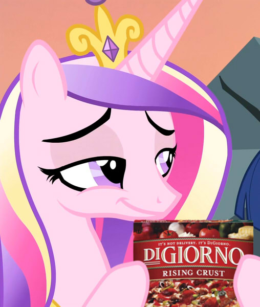 Size: 508x600 | Tagged: safe, derpibooru import, edit, edited screencap, screencap, princess cadance, alicorn, pony, three's a crowd, crown, digiorno, female, jewelry, lidded eyes, mare, meme, meme origin, peetzer, pizza, ponies eating meat, regalia, smiling, smirk, solo, that pony sure does love pizza