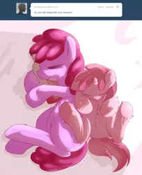 Size: 838x1025 | Tagged: artist:haute-claire, ask, ask ruby pinch, berry punch, berryshine, bottle, derpibooru import, drunk, duo, mother and daughter, ruby pinch, safe, sleeping, tumblr