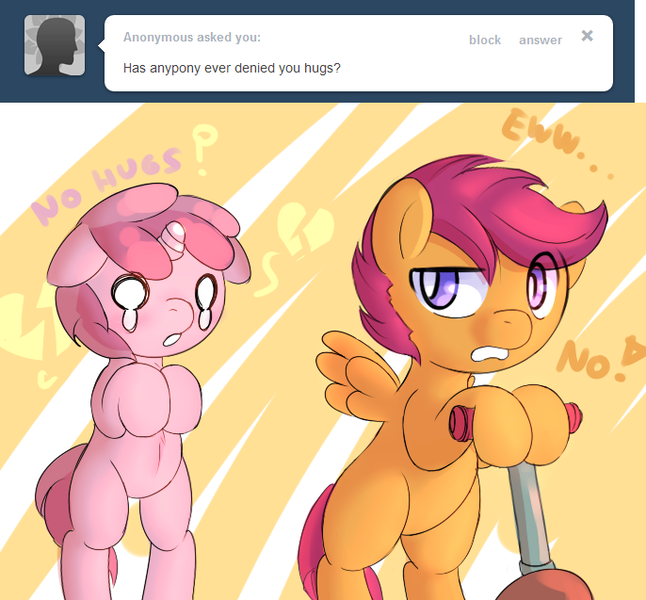 Size: 686x637 | Tagged: safe, artist:haute-claire, derpibooru import, ruby pinch, scootaloo, pony, ask ruby pinch, ask, bipedal, scooter, tumblr