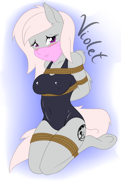 Size: 2200x3300 | Tagged: anthro, artist:ryuseihikari, blushing, bondage, bound, bound wings, box tied, breast bondage, breasts, clothes, cloth gag, commission, derpibooru import, female, gag, kneeling, knee tied, nudity, oc, oc:violet, one-piece swimsuit, pegasus, questionable, solo, solo female, swimsuit, underhoof, unguligrade anthro, unofficial characters only, vector