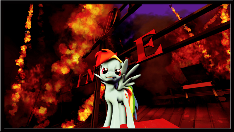 Size: 1920x1080 | Tagged: semi-grimdark, artist:kobikobo3d, derpibooru import, rainbow dash, 3d, building, fire, looking at you, solo, source filmmaker, streetlight