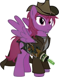 Size: 3292x4272 | Tagged: safe, artist:geekladd, derpibooru import, oc, oc:tooty fruity, unofficial characters only, pegasus, pony, fallout equestria, fallout equestria: influx, fanfic, clothes, coat, cowboy hat, dashite, energy weapon, fanfic art, gun, hat, hooves, magical energy weapon, male, plasma rifle, simple background, solo, spread wings, stallion, stetson, transparent background, weapon, western, wings