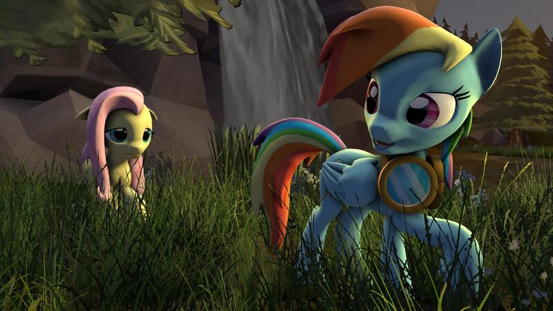 Size: 3000x1687 | Tagged: safe, artist:krizistv, derpibooru import, fluttershy, rainbow dash, 3d, goggles, grass, source filmmaker, waterfall