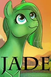 Size: 288x432 | Tagged: safe, artist:lulubell, derpibooru import, oc, oc:jade aurora, unofficial characters only, earth pony, pony, badge, bust, con badge, female, looking up, solo, text
