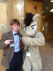 Size: 2448x3264 | Tagged: another anime convention, artist:spainfischer, convention, cosplay, derpibooru import, doctor who, doctor whooves, eleventh doctor, fursuit, human, irl, irl human, photo, pointing, safe, time turner