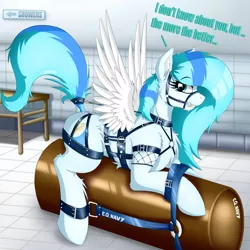 Size: 1280x1280 | Tagged: dead source, suggestive, artist:colarix, derpibooru import, oc, oc:colarix, unofficial characters only, pegasus, pony, bedroom eyes, bit, bit gag, bondage, bondage furniture, bridle, britchen, cheek fluff, chest fluff, crupper, dock, ear fluff, female, fluffy, gag, girth, grin, harness, looking at you, public use, shoulder fluff, smiling, solo, solo female, spread wings, tack, tail holder, tail wrap, tug (tack), wing fluff, wingboner