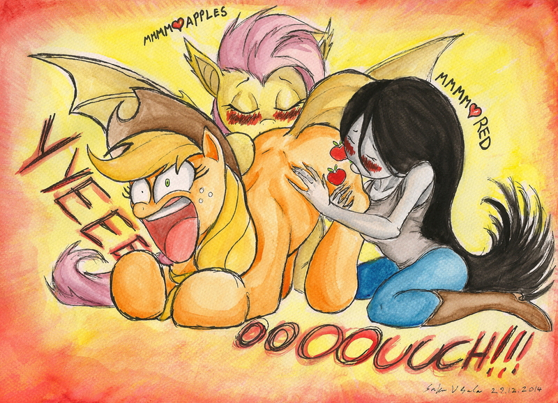 Size: 2225x1608 | Tagged: adventure time, applejack, artist:souleatersaku90, biting, blushing, butt bite, derpibooru import, flutterbat, flutterbat biting applejack, fluttershy, marceline, suggestive, traditional art