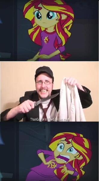 Size: 442x804 | Tagged: safe, derpibooru import, sunset shimmer, equestria girls, exploitable meme, knife, meme, nostalgia critic, sunset screamer, titanic the legend goes on