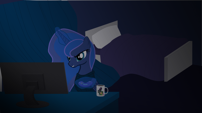 Size: 1262x703 | Tagged: artist:anomalka, derpibooru import, enderman, gamer luna, minecraft, night, princess luna, safe, solo, zombie