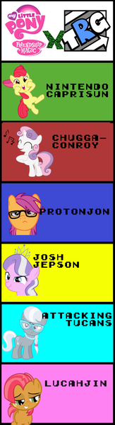 Size: 523x1929 | Tagged: apple bloom, attackingtucans, babs seed, chuggaaconroy, comparison chart, cutie mark crusaders, derpibooru import, diamond tiara, joshjepson, let's play, lucahjin, nintendocaprisun, protonjon, safe, scootaloo, silver spoon, squishy cheeks, sweetie belle, therunawayguys, veggie55, versus