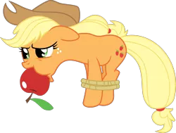 Size: 6100x4605 | Tagged: absurd resolution, apple, apple gag, applejack, artist:sir-teutonic-knight, boast busters, bondage, bound, bound and gagged, derpibooru import, floppy ears, food gag, gag, rope, safe, simple background, solo, tied up, transparent background, unamused, vector