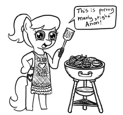 Size: 640x600 | Tagged: 4chan, apron, artist:ficficponyfic, barbeque, clothes, derpibooru import, /mlp/, monochrome, oc, oc:anon, oc:golden brisk, safe, unofficial characters only